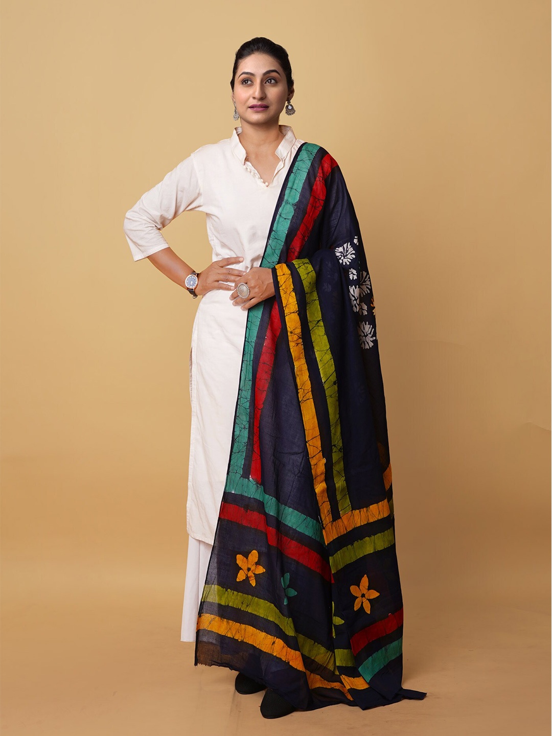 

Unnati Silks Ethnic Motifs Printed Pure Cotton Batik Dupatta, Navy blue