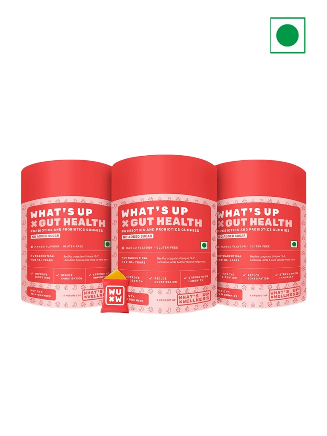 

What's Up Wellness Set Of 3 Gut Health Gummies - 30 Gummies Each, Peach