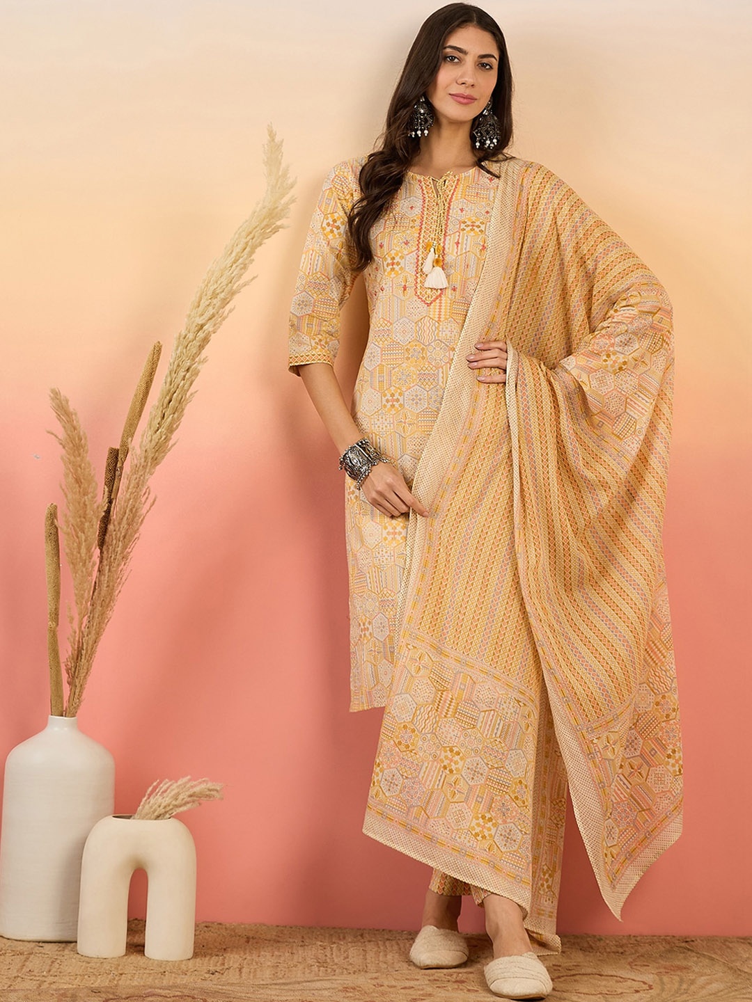 

Vastramyaa Ethnic Motifs Printed Pure Cotton Kurta with Trousers & Dupatta, Yellow
