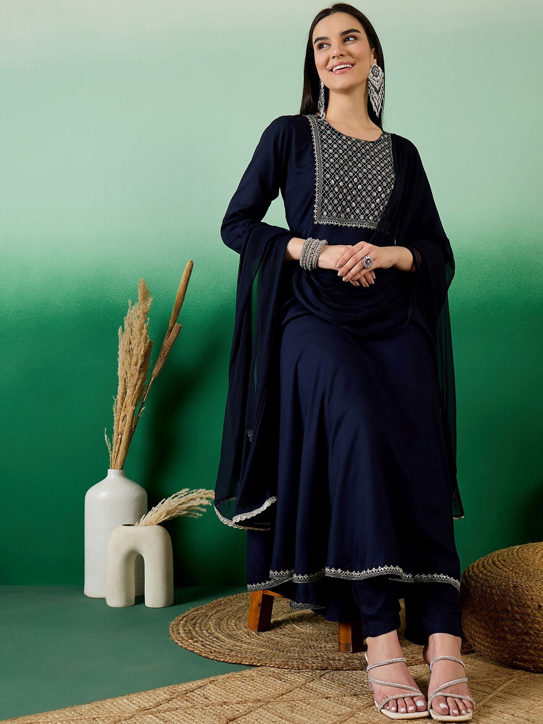 

Vastramyaa Ethnic Motifs Yoke Design Sequinned Anarkali Kurta & Trouser With Dupatta, Navy blue