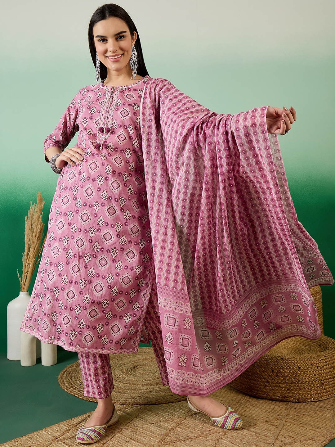 

Vastramyaa Ethnic Motifs Printed Pure Cotton Straight Kurta with Trousers & Dupatta, Pink