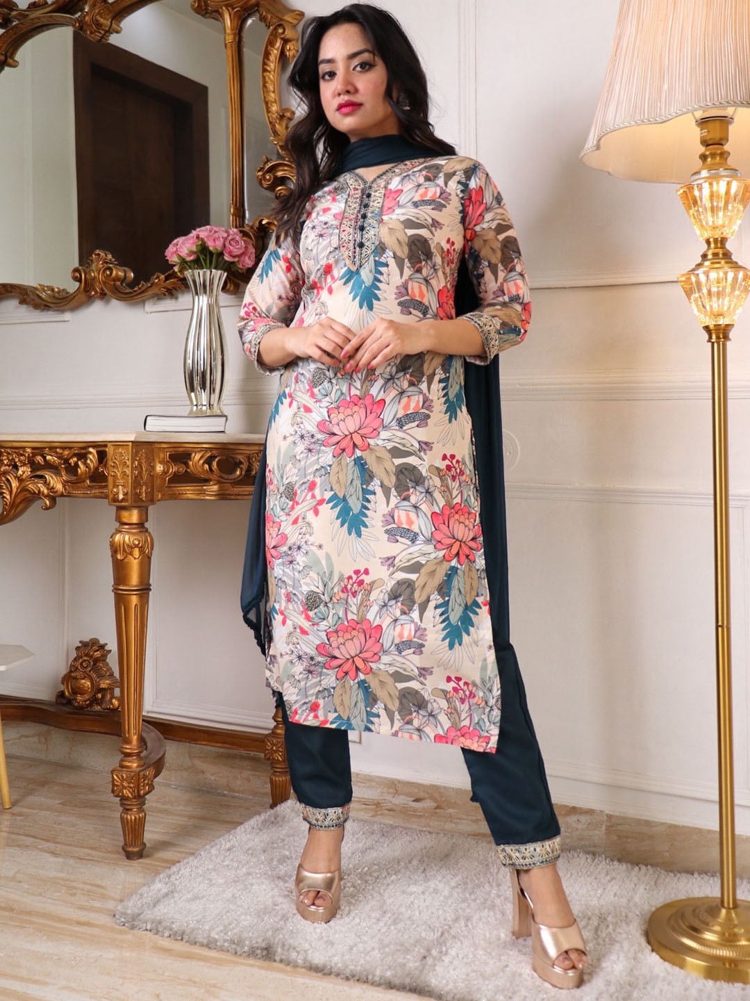 

KALINI Floral Printed Beads and Stones Kurta & Trousers With Dupatta, White