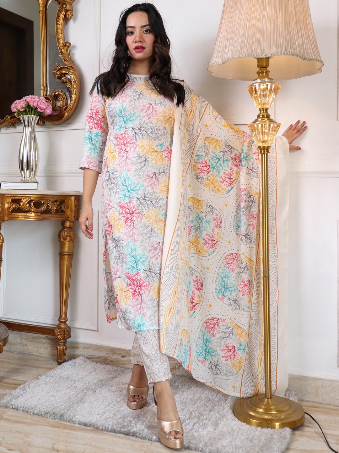 

KALINI Floral Printed Kurta & Trousers With Dupatta, Cream