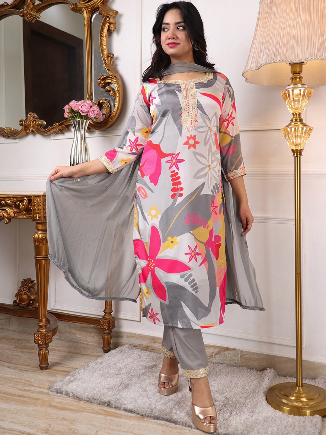 

KALINI Floral Printed Thread Work Kurta with Trousers & With Dupatta, Grey melange