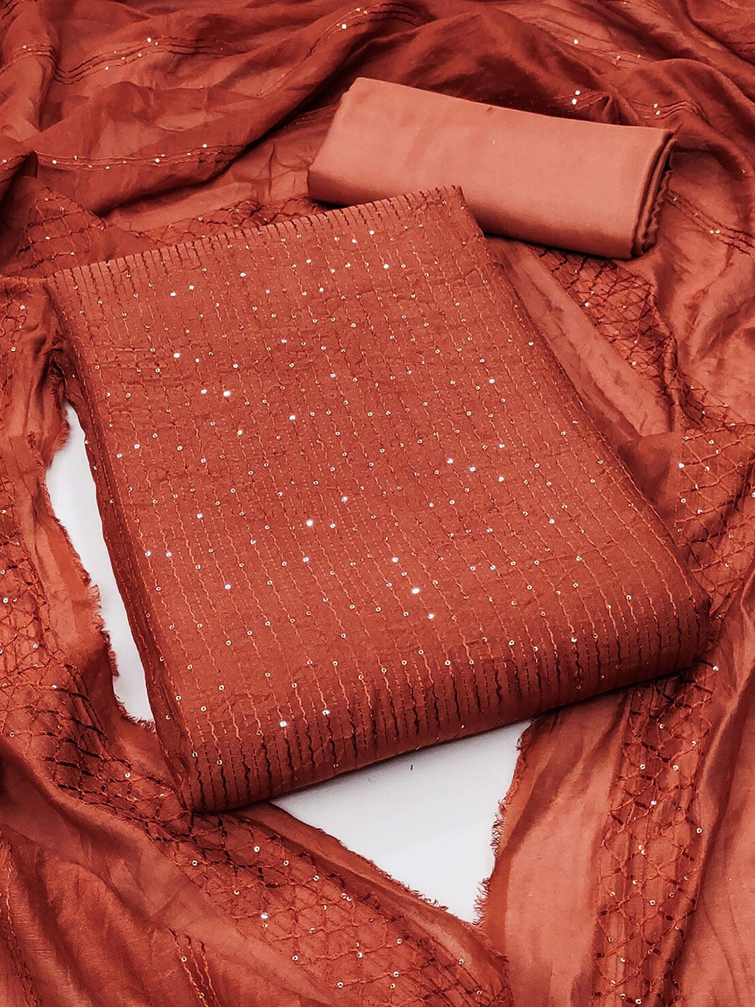 

Leeza Store Striped Embellished Sequinned Unstitched Dress Material, Orange
