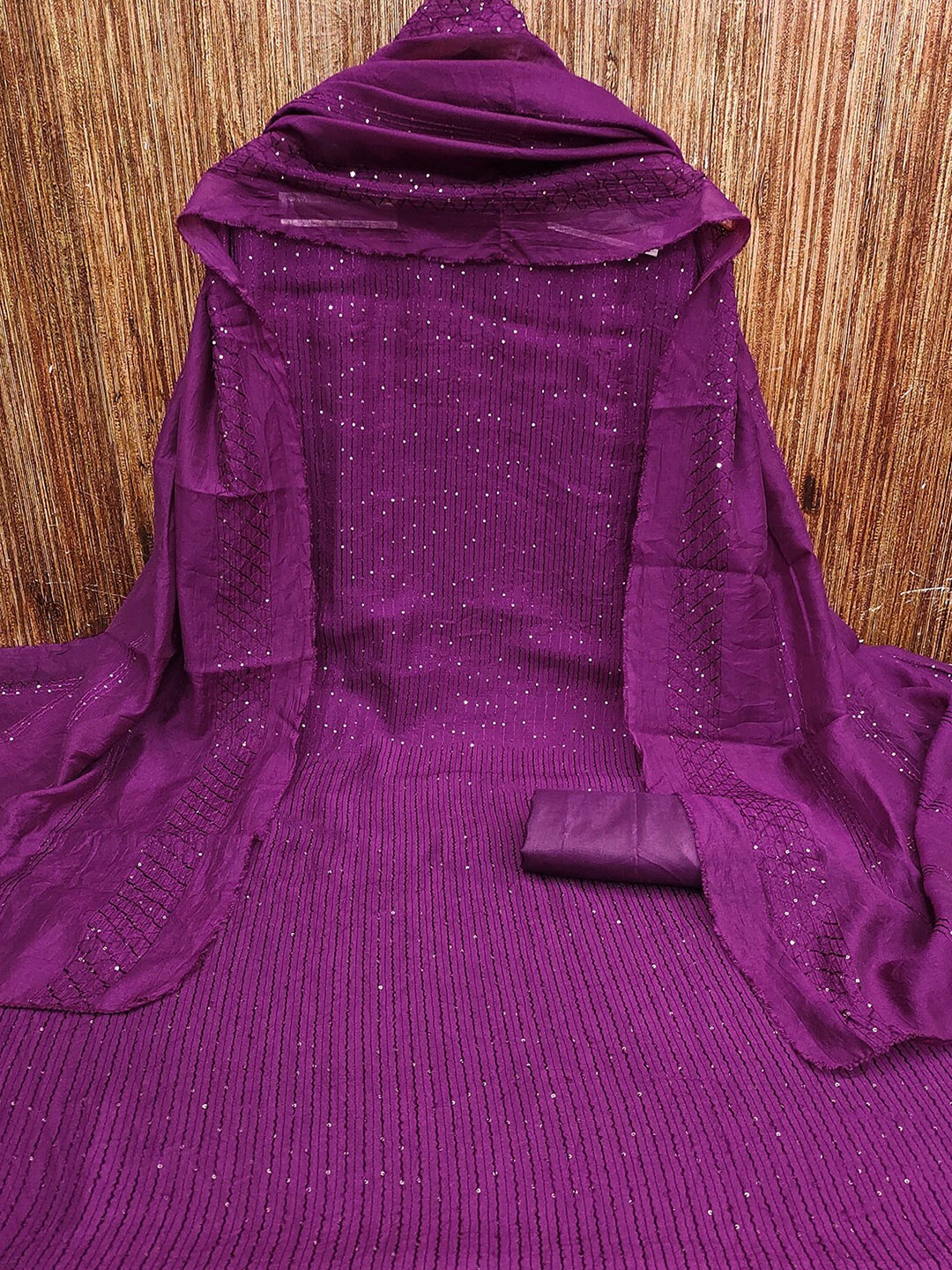 

Leeza Store Striped Embellished Sequinned Unstitched Dress Material, Purple