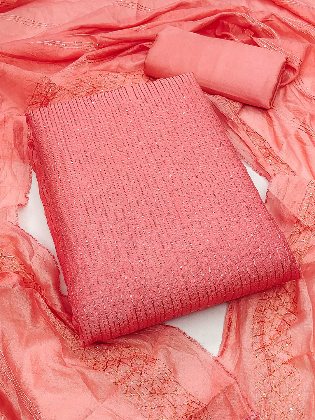 

Leeza Store Striped Embellished Sequinned Unstitched Dress Material, Pink