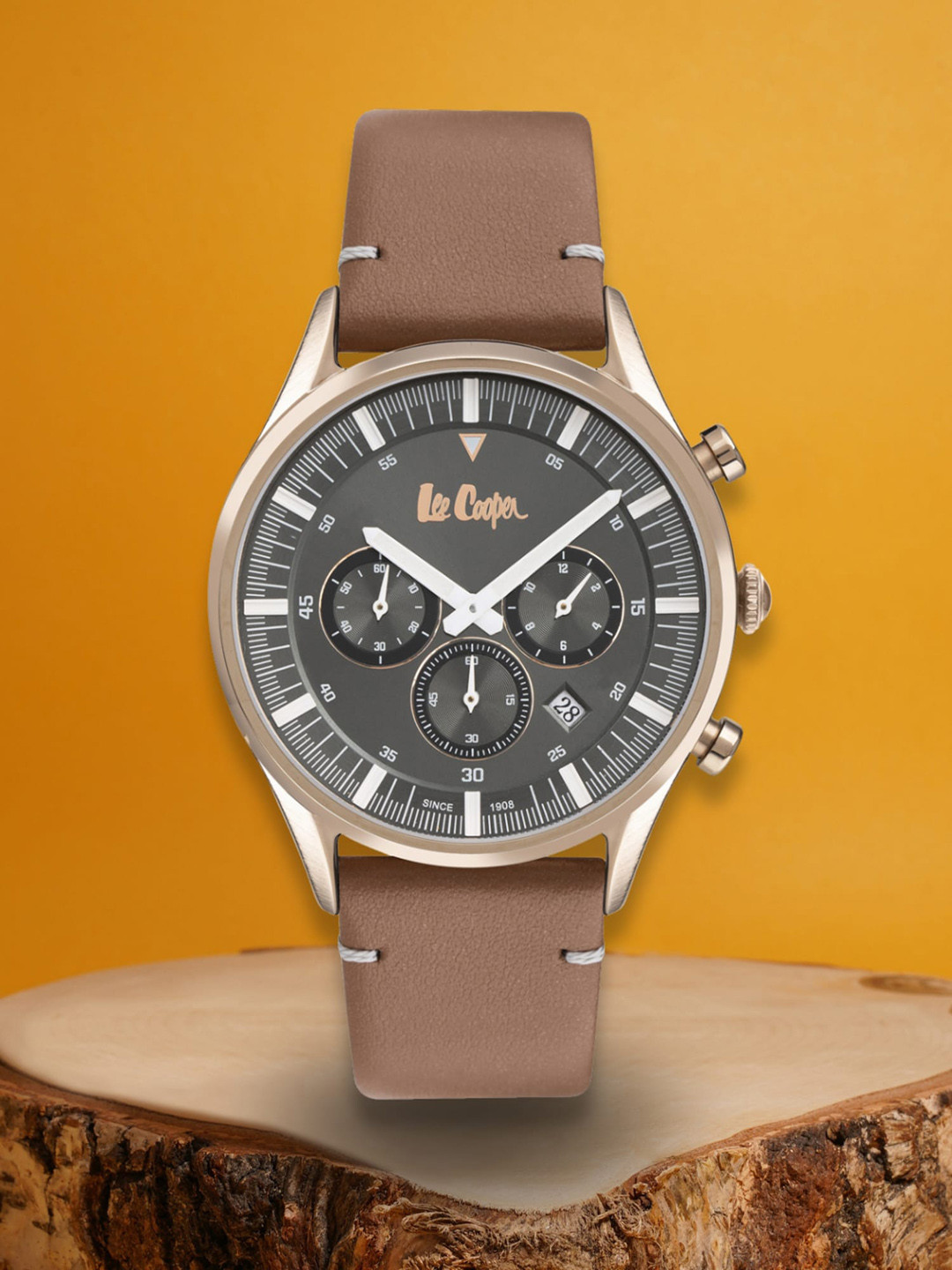 

Lee Cooper Men Brass Dial & Leather Straps Analogue Chronograph Watch LC07303.464, Grey