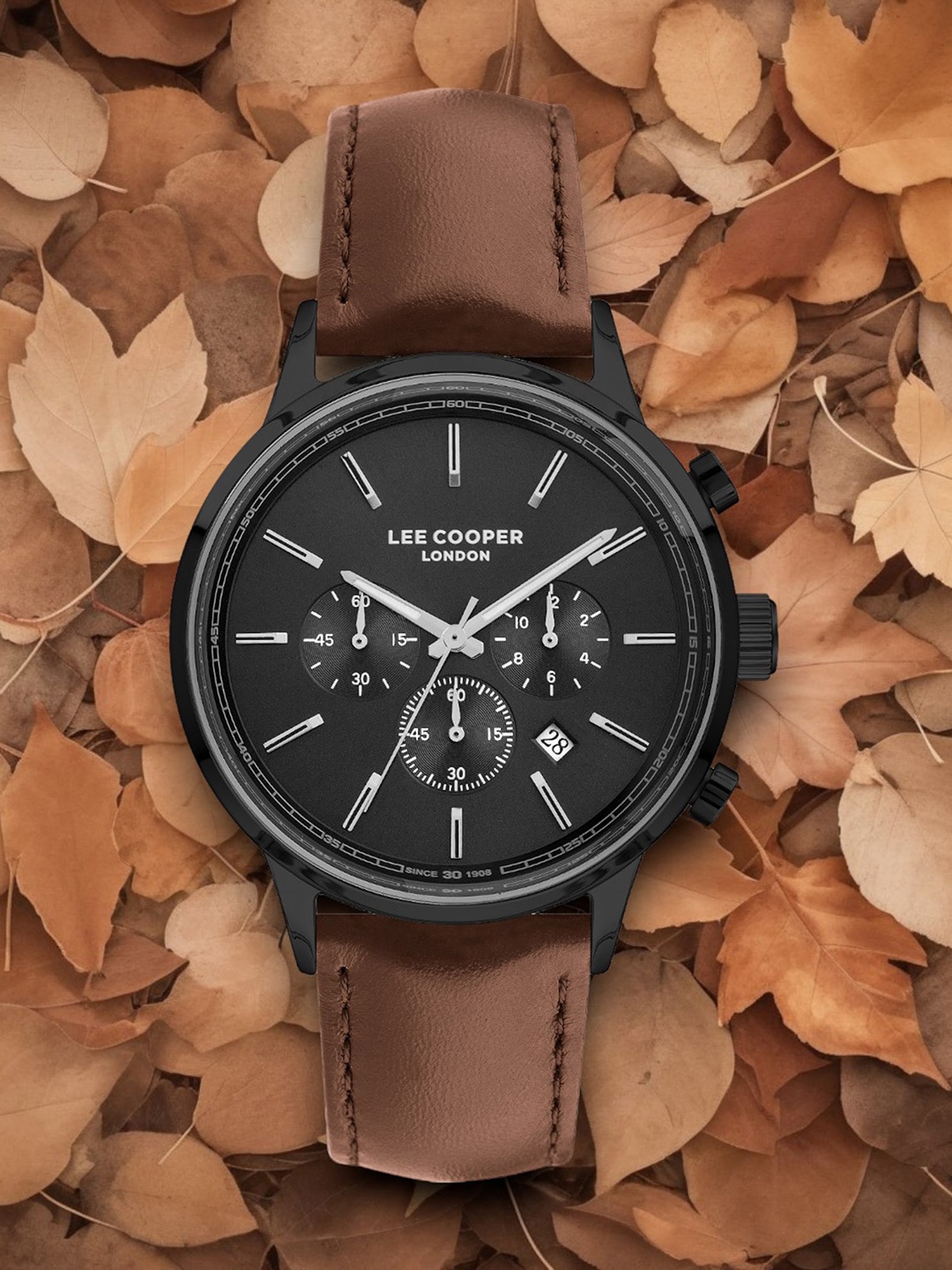 

Lee Cooper Men Brass Patterned Dial & Leather Straps Digital Chronograph Watch LC07274.052, Black
