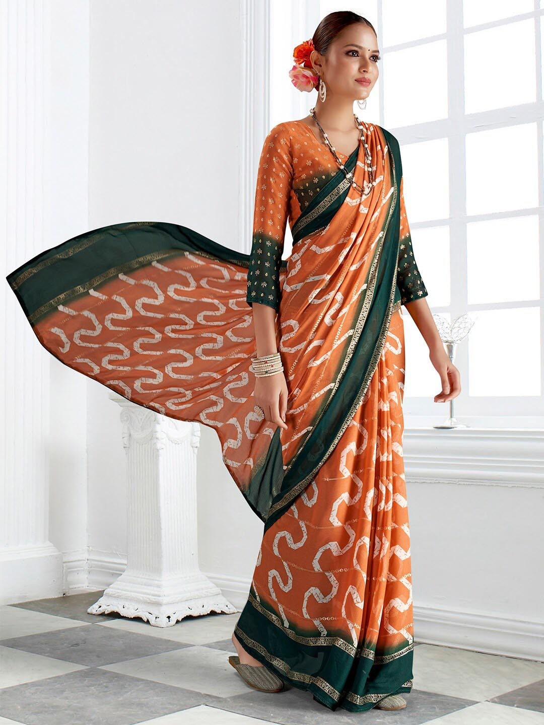 

Mitera Ethnic Motifs Printed Zari Pure Georgette Bagru Saree, Orange