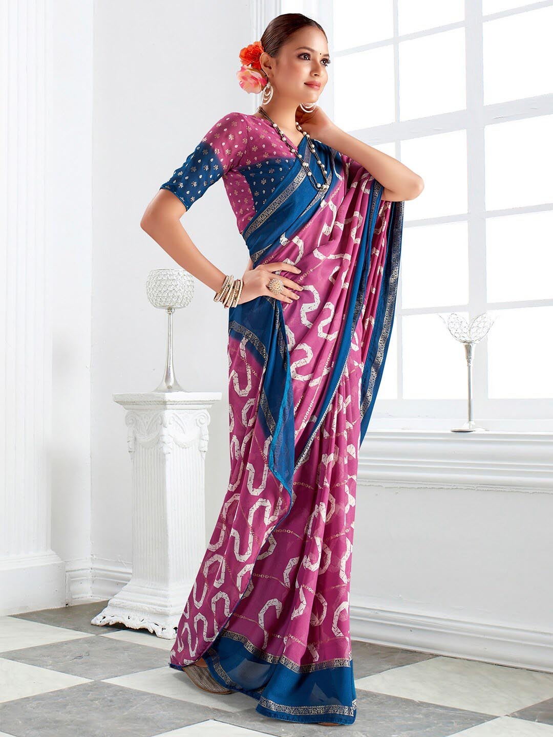 

Mitera Pink Abstract Printed Zari Pure Georgette Bagru Saree