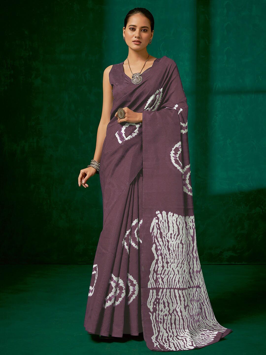 

Mitera Tie and Dyed Art Silk Block Print Saree, Mauve