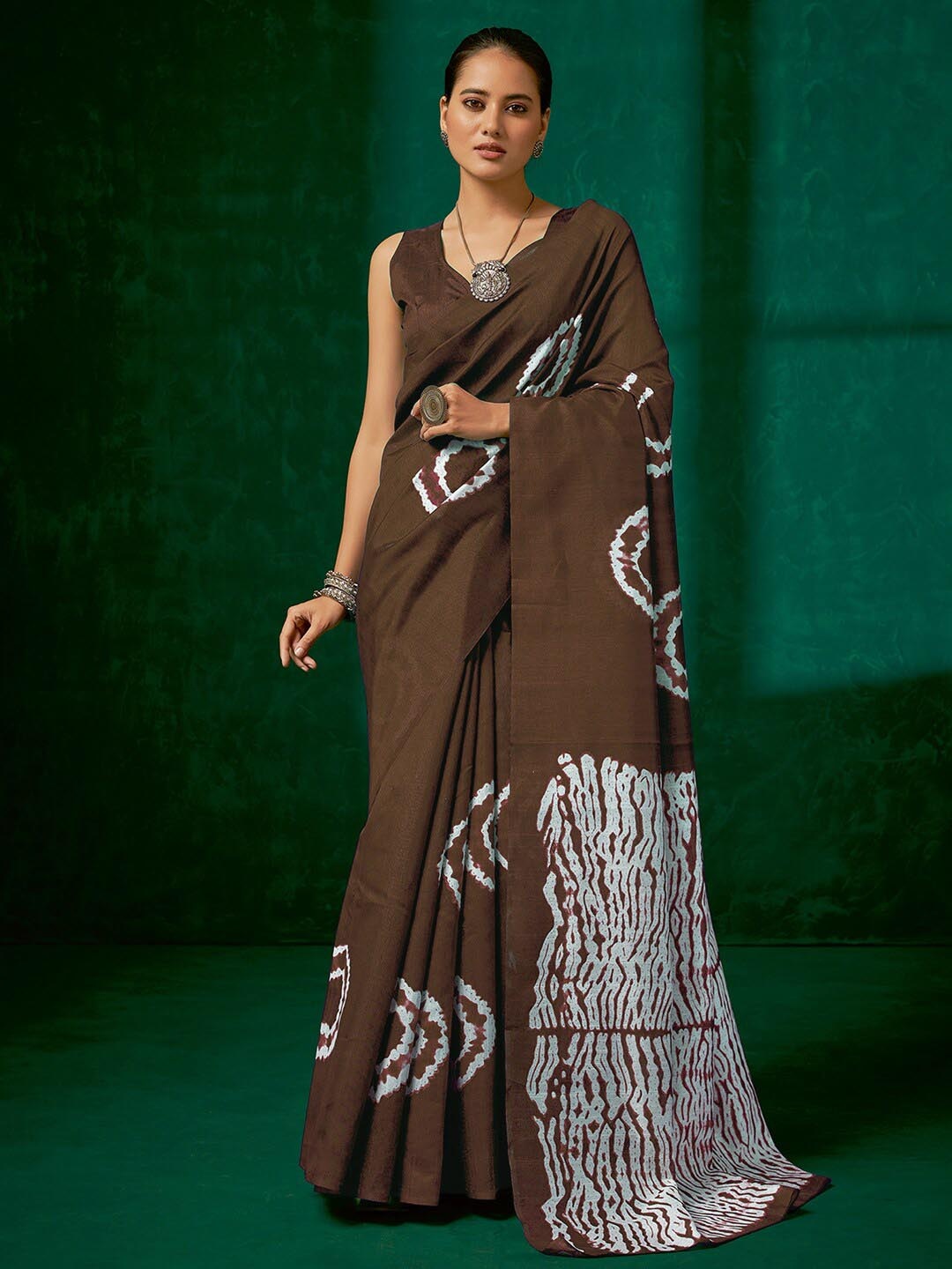

Mitera Brown Batik Dyed Block Print Saree