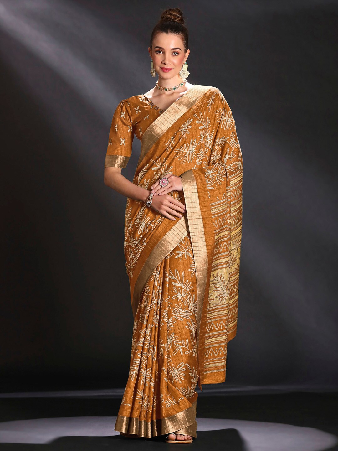 

Saree mall Floral Printed Zari Sungudi Saree, Mustard