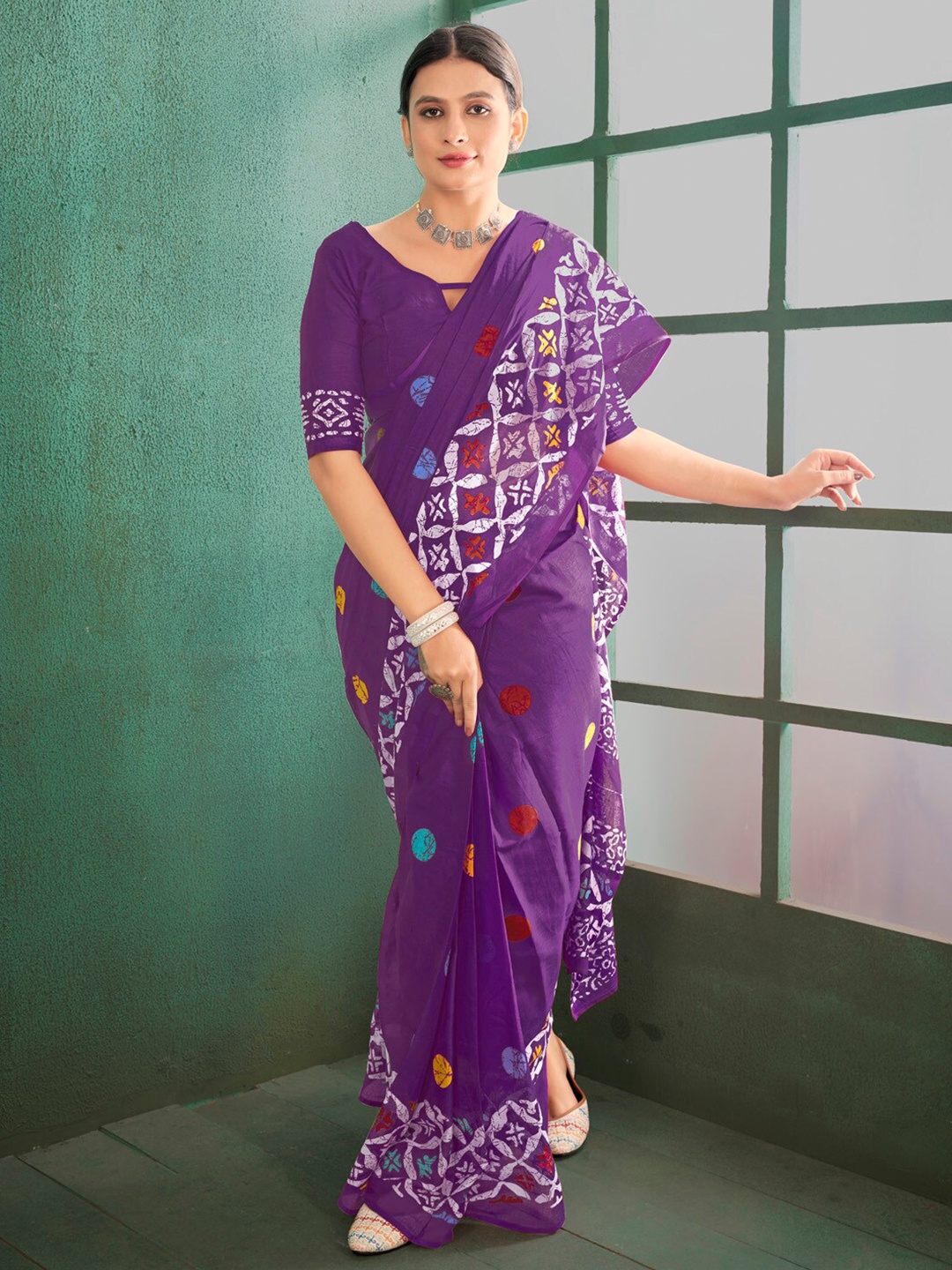 

Saree mall Ethnic Motifs Pure Cotton Block Print Saree, Purple