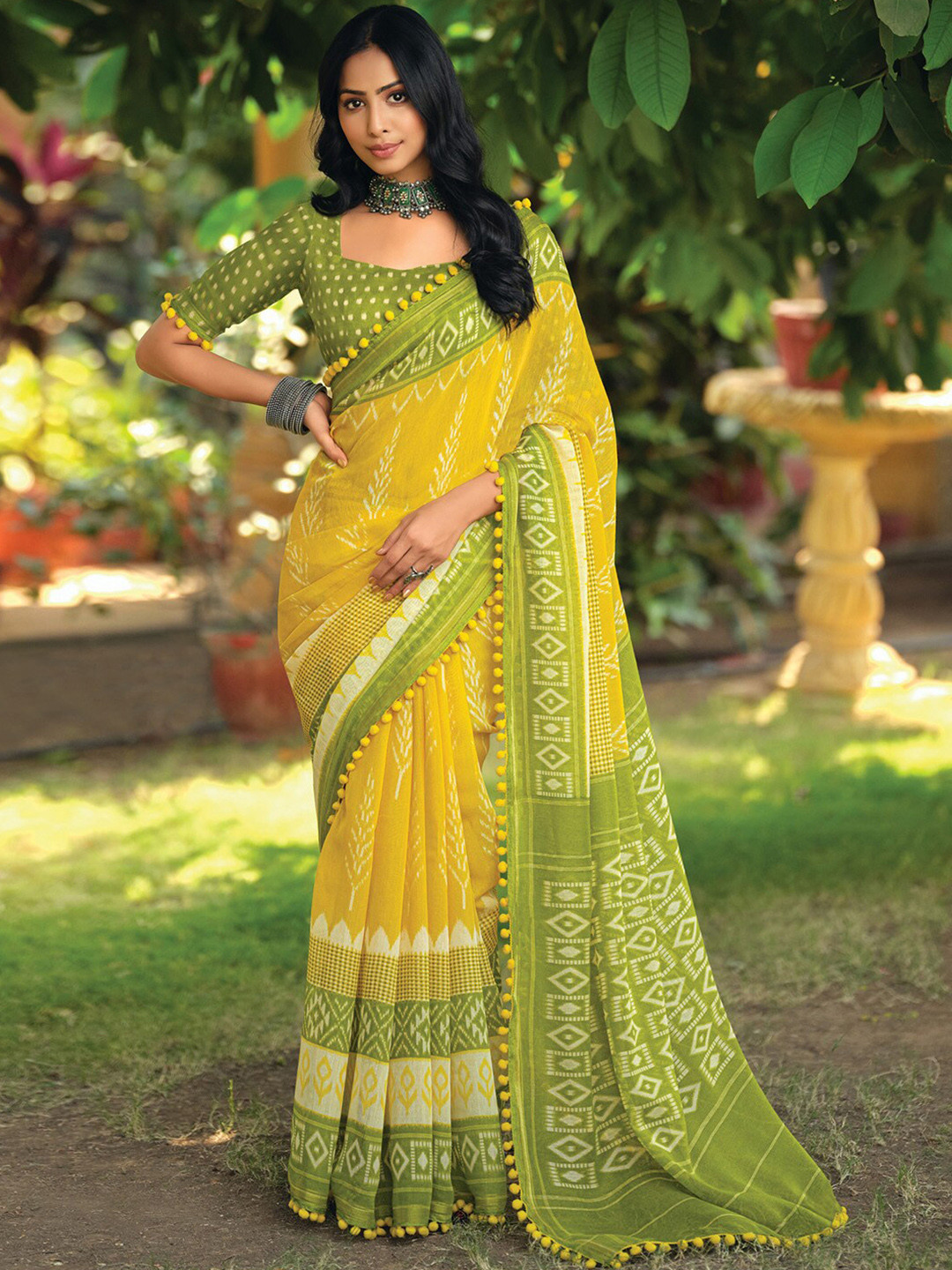 

Saree mall Ethnic Motifs Ikat Sarees, Yellow