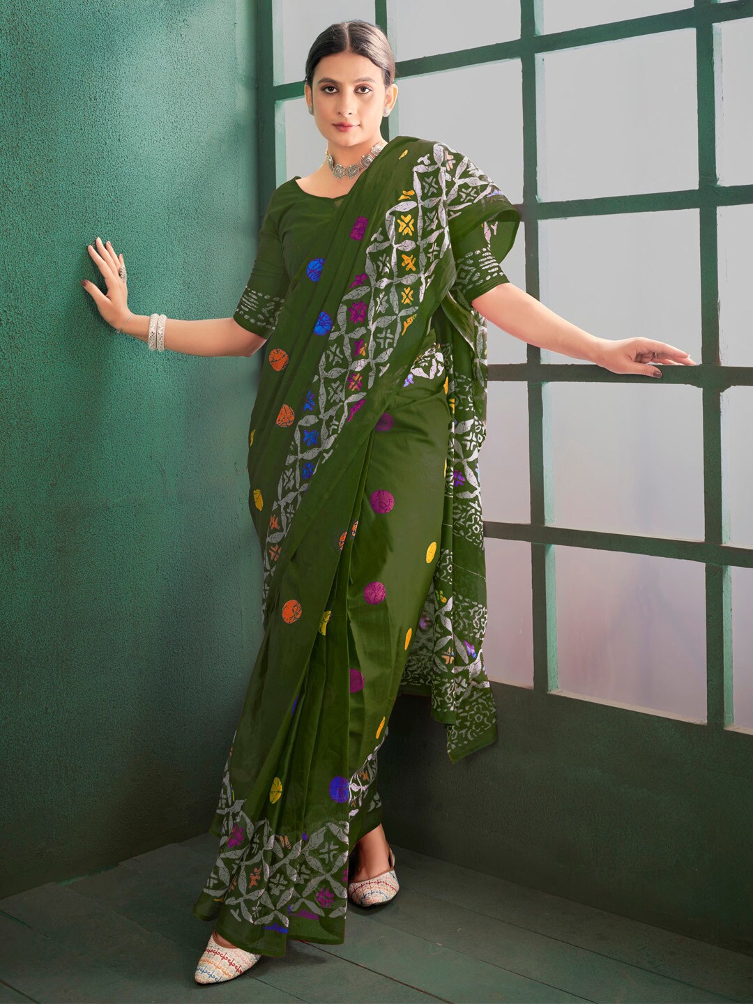 

Saree mall Olive Green Ethnic Motifs Poly Cotton Block Print Sarees