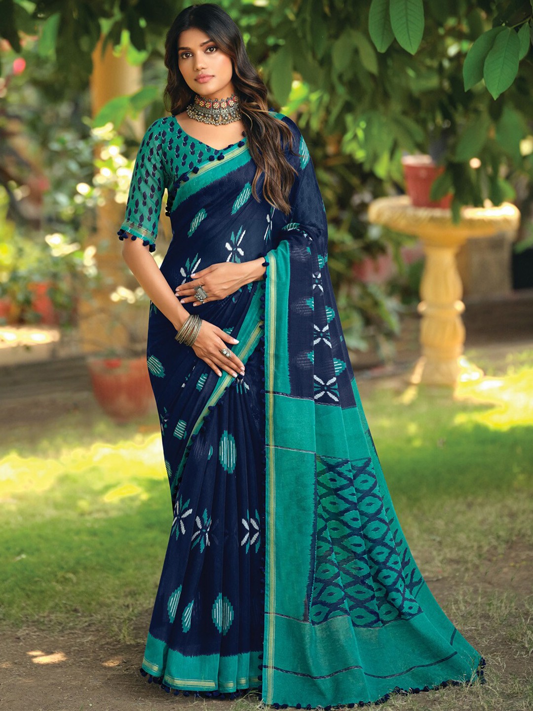 

Saree mall Ethnic Motifs Ikat Sarees, Navy blue