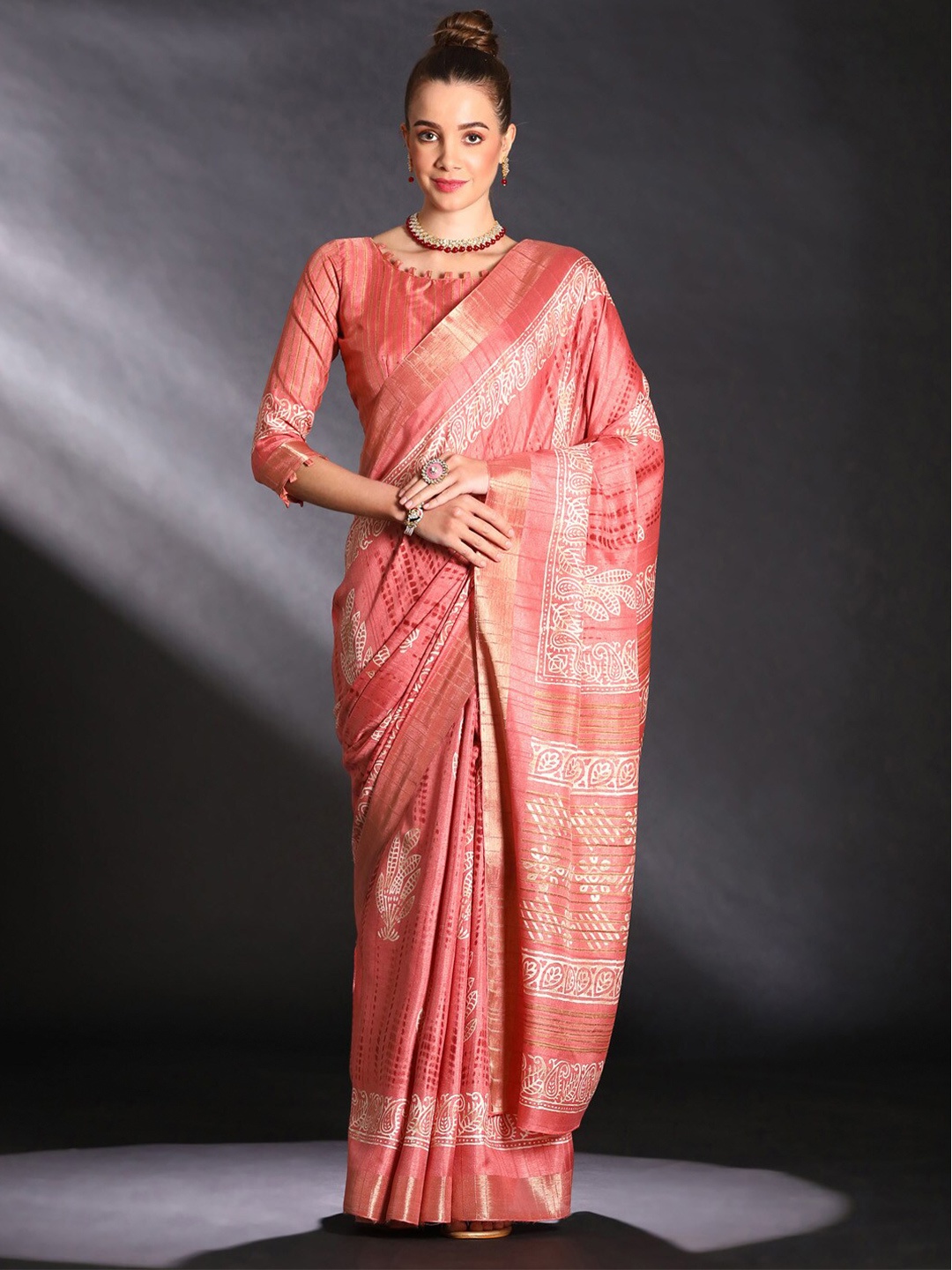 

Saree mall Ethnic Motifs Zari Sungudi Sarees, Peach