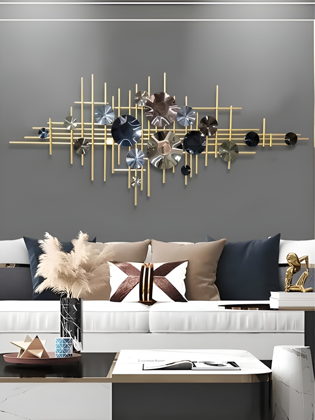 

The Art House Gold Toned & Blue Abstract Printed Iron Wall Decor
