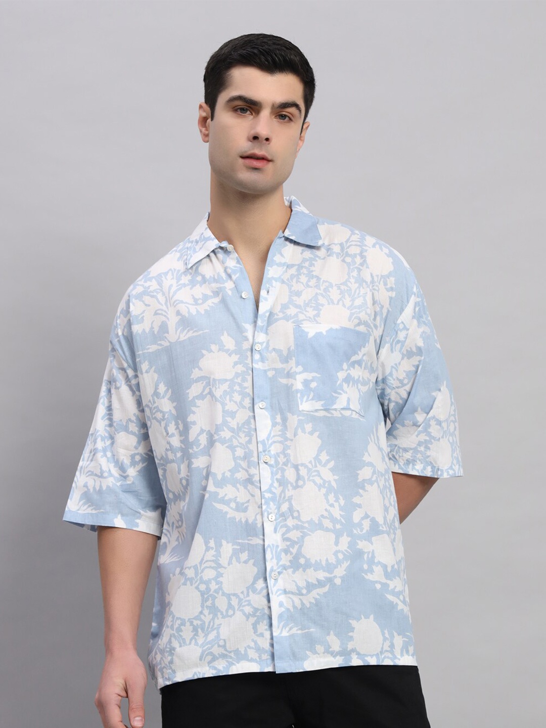 

HANDICRAFT PALACE Comfort Floral Printed Spread Collar Pure Cotton Oversized Casual Shirts, Blue