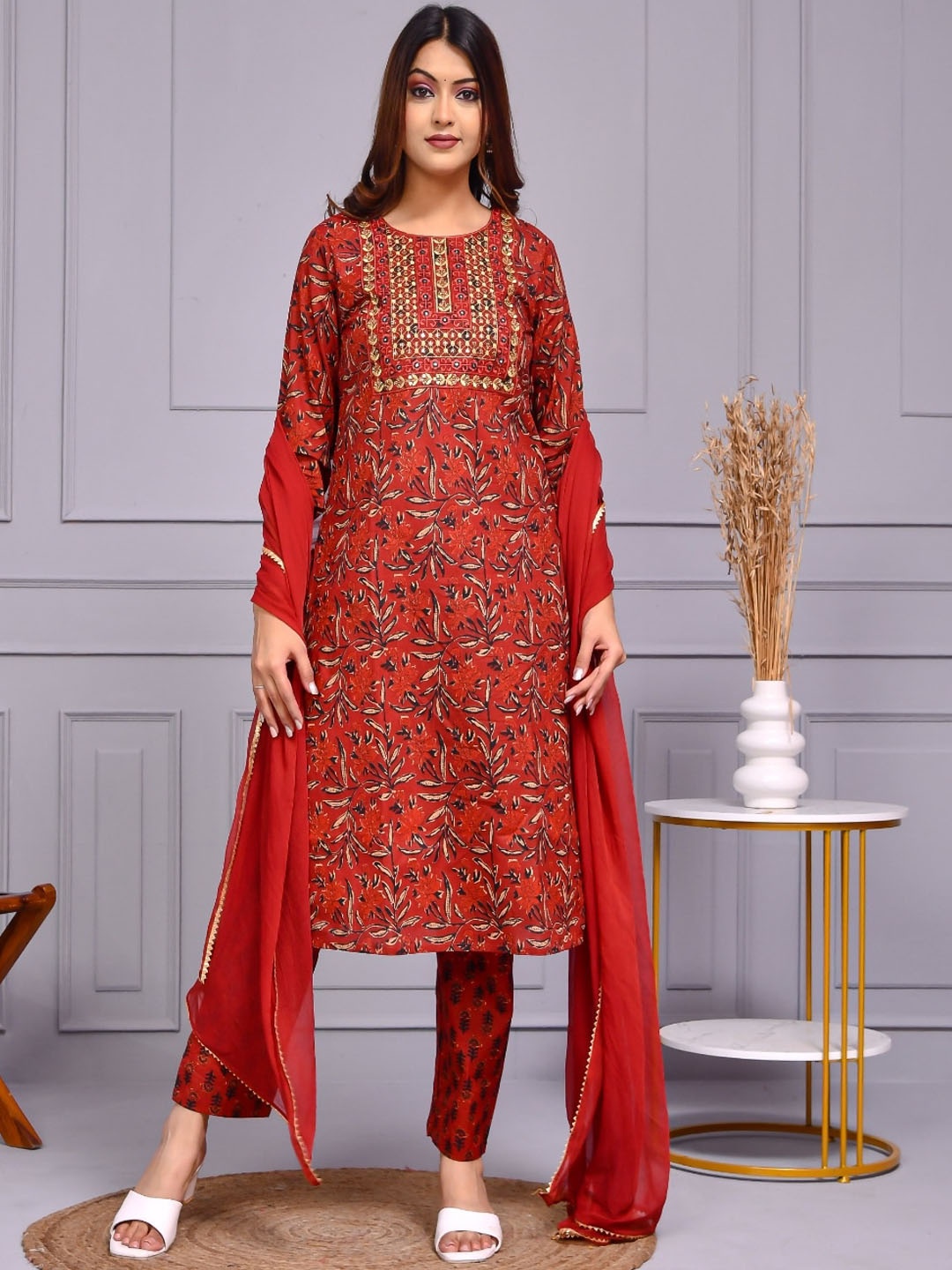 

Aspriya Ethnic Motifs Printed Mirror Work Cotton Straight Kurta With Trousers & Dupatta, Maroon