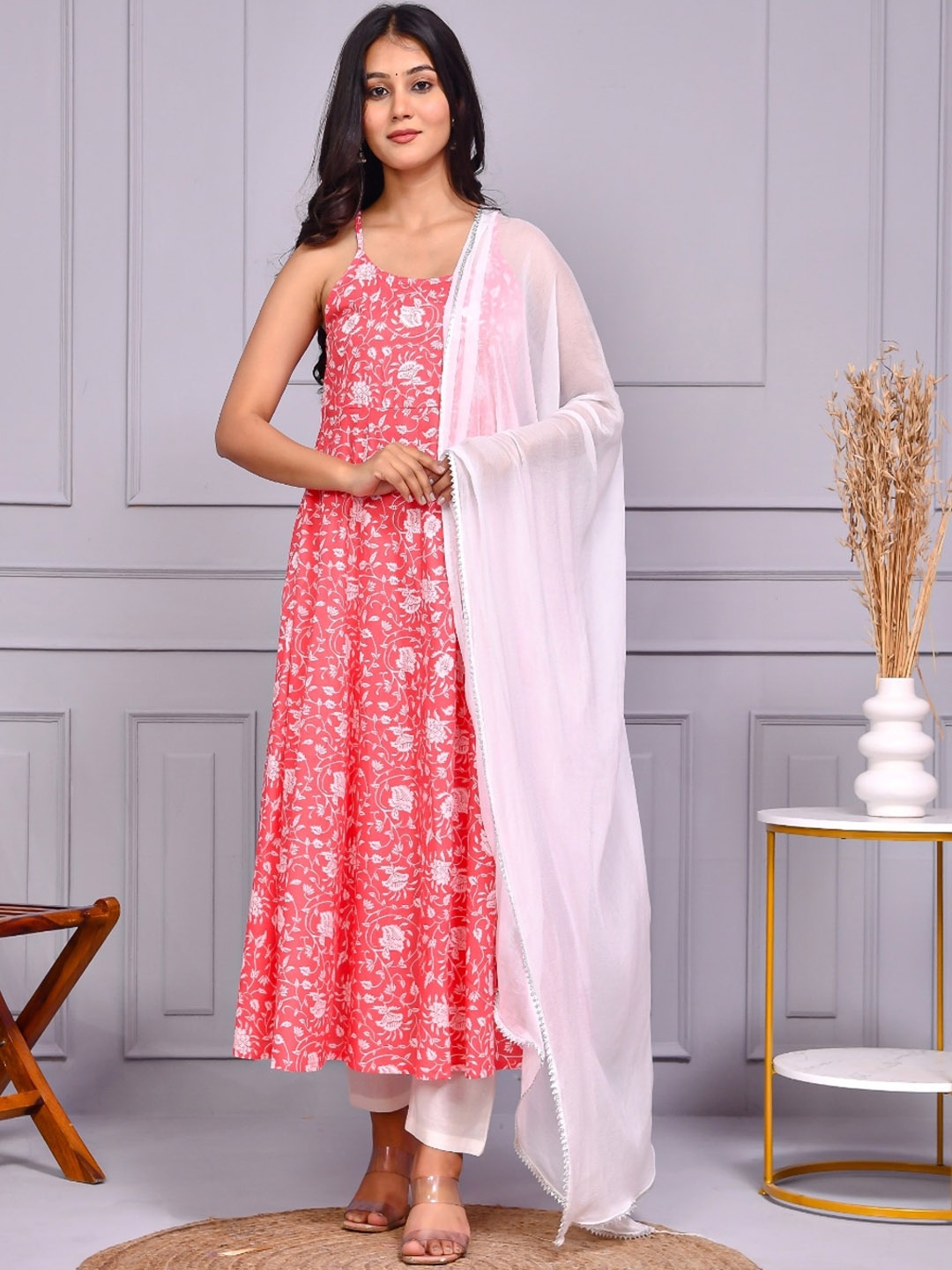 

Aspriya Floral Printed Empire Pure Cotton Anarkali Kurta With Trousers & Dupatta, Peach