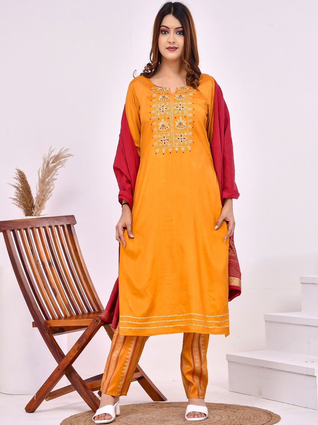 

Aspriya Ethnic Motifs Embroidered Straight Kurta With Trousers & Dupatta, Mustard