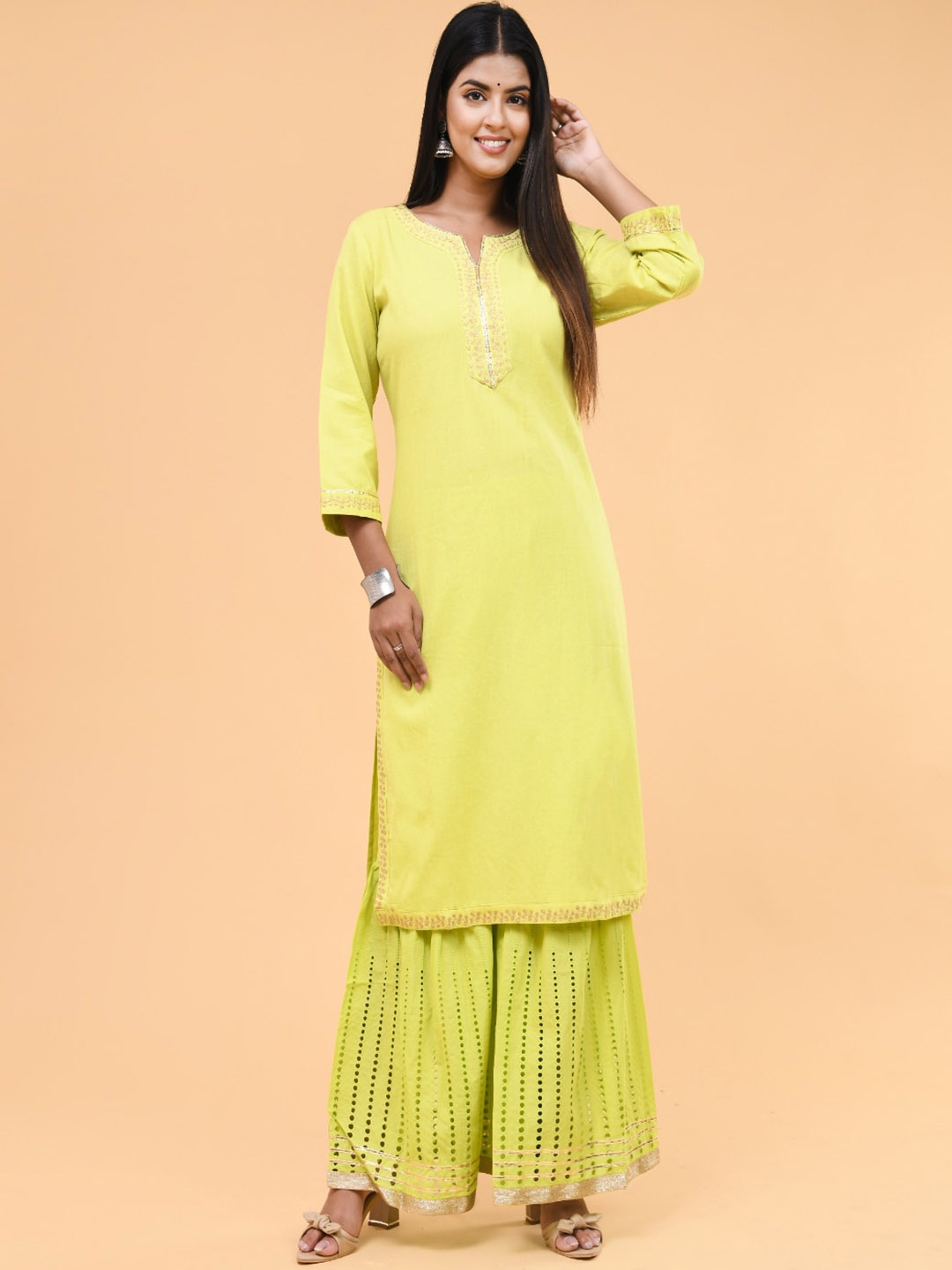 

Aspriya Regular Pure Cotton Straight Kurta with Sharara, Lime green