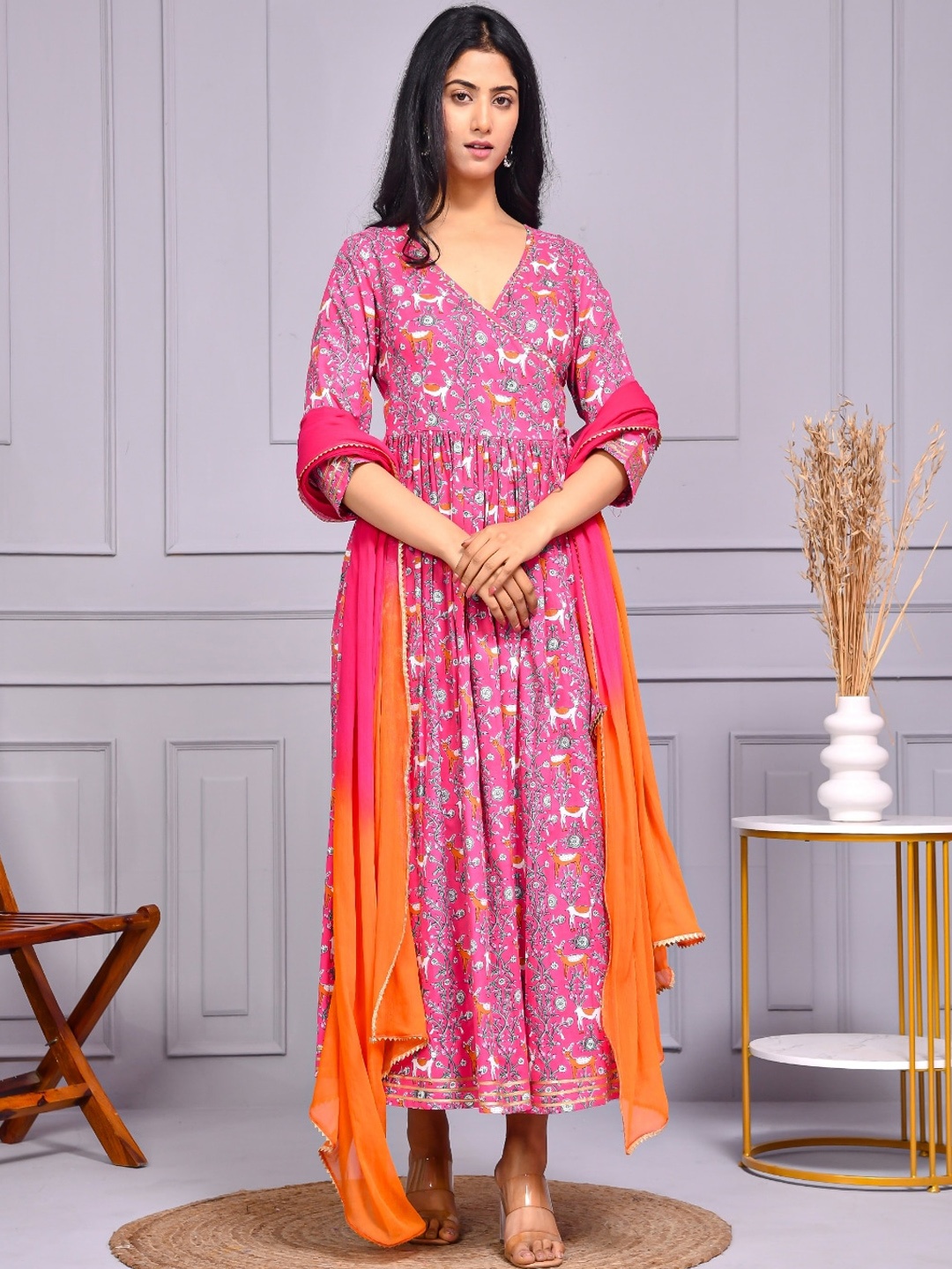 

Aspriya Ethnic Motifs Printed Angrakha Pure Cotton Anarkali Kurta with Trousers & Dupatta, Fuchsia