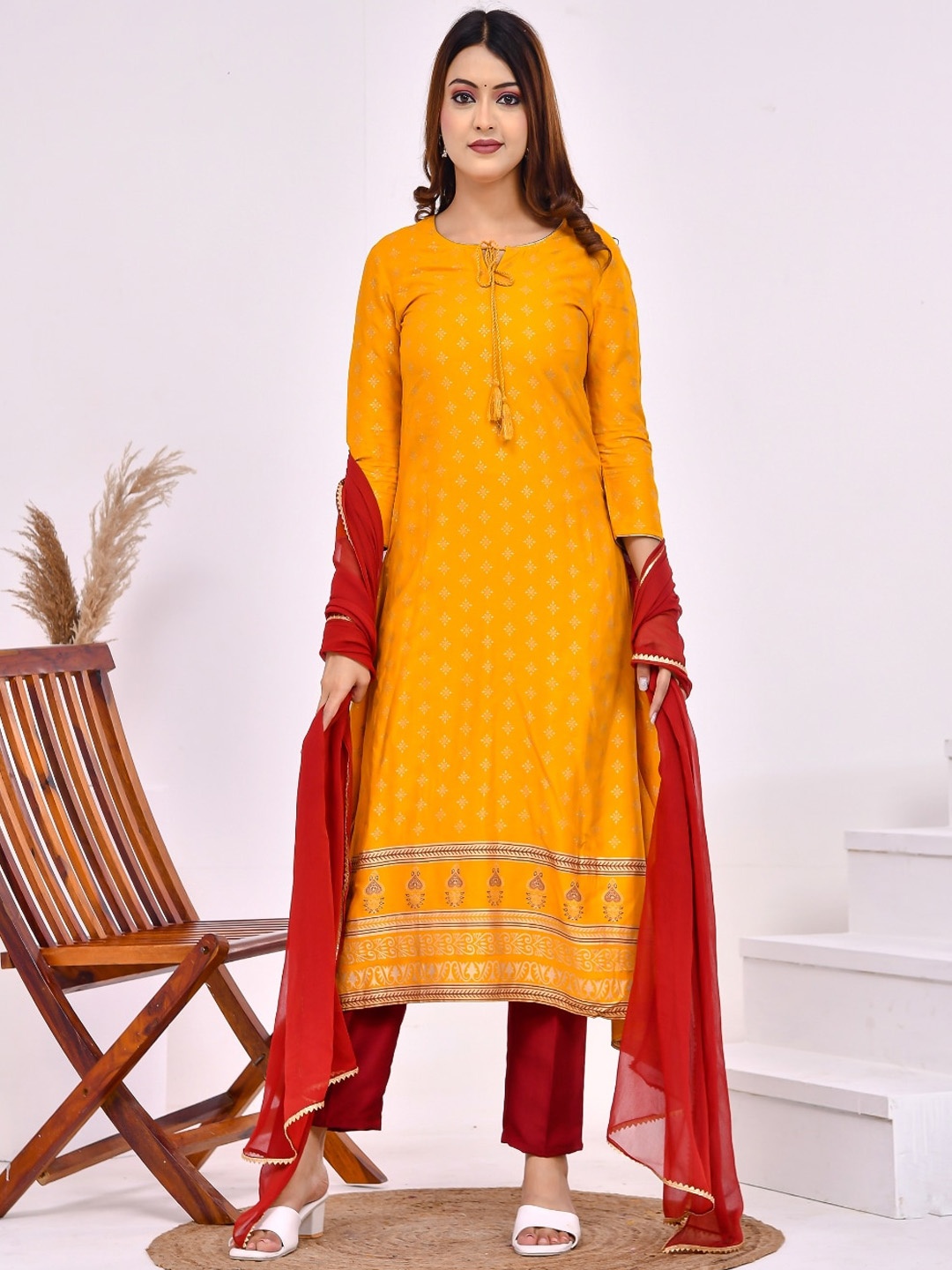 

Aspriya Ethnic Motifs Printed Straight Kurta with Trousers & Dupatta, Mustard