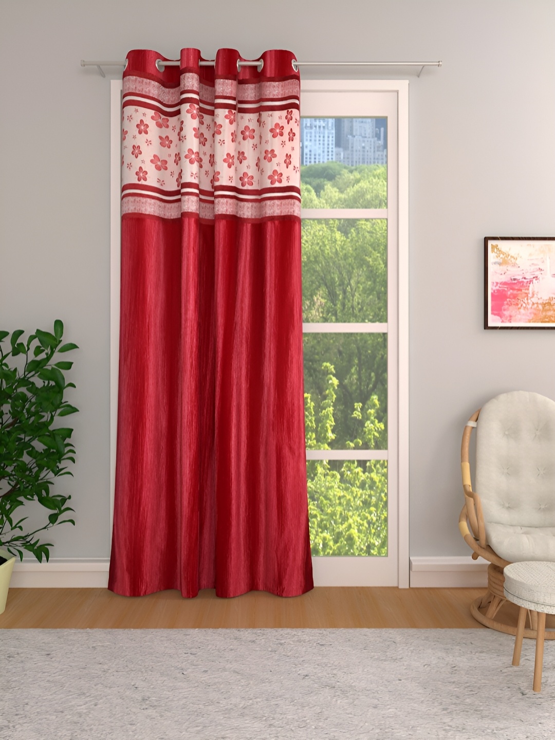 

Aura Red & White Floral Room Darkening Long Door Curtain
