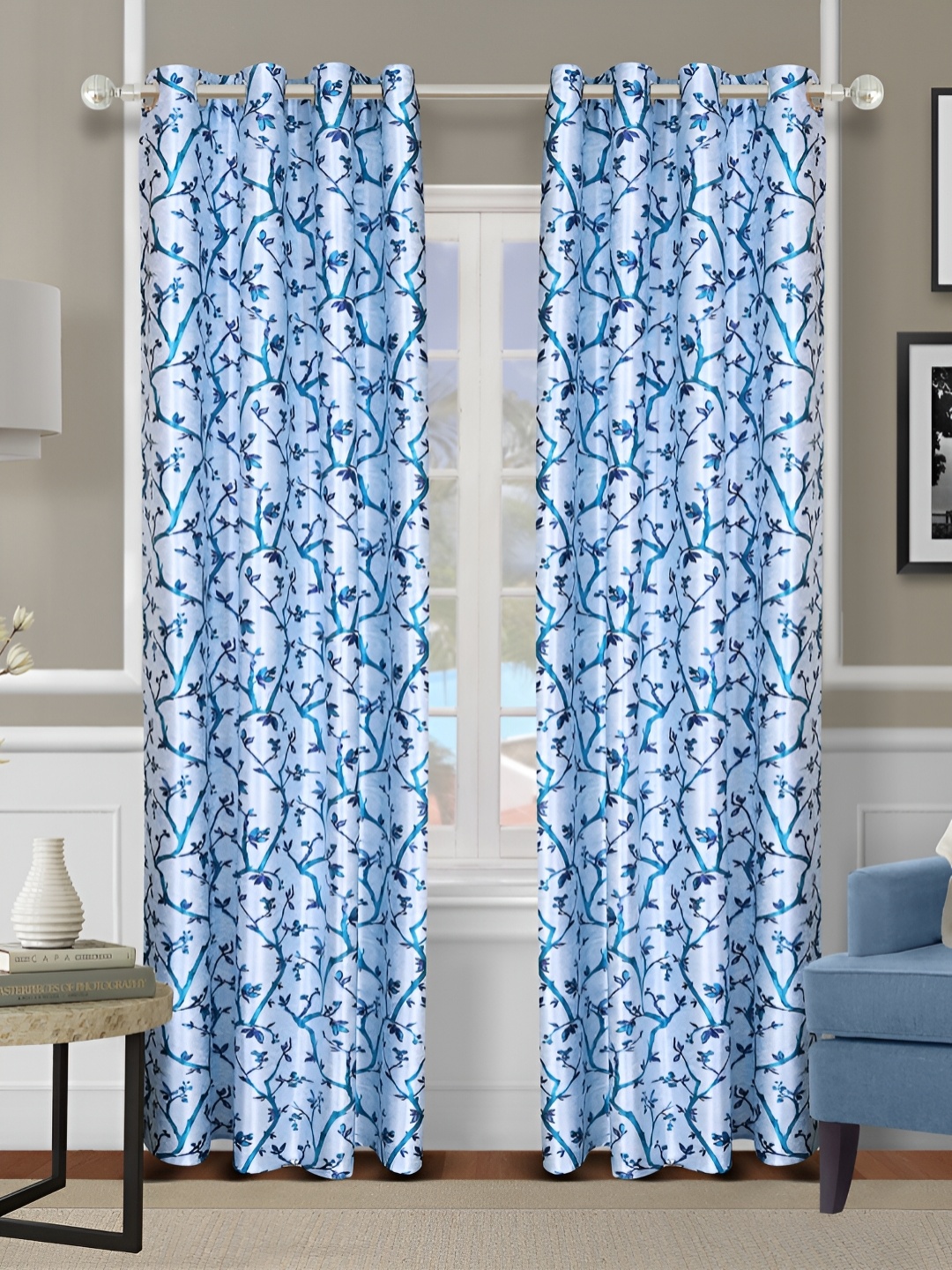 

Aura Blue & Off White 2 Pieces Floral Room Darkening Long Door Curtain