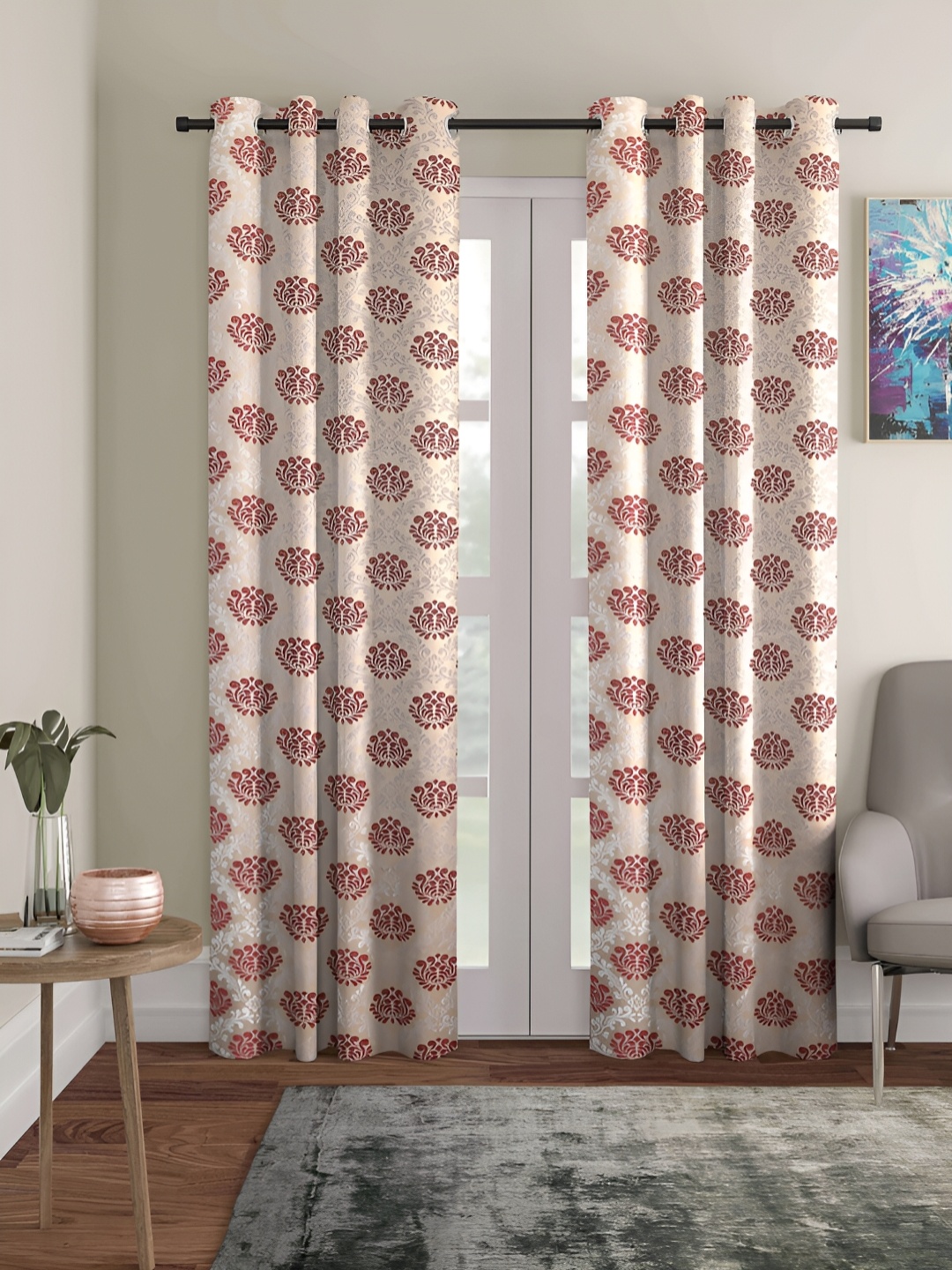 

Aura Maroon & Beige 2 Pcs Ethnic Motifs Room Darkening Long Door Curtain