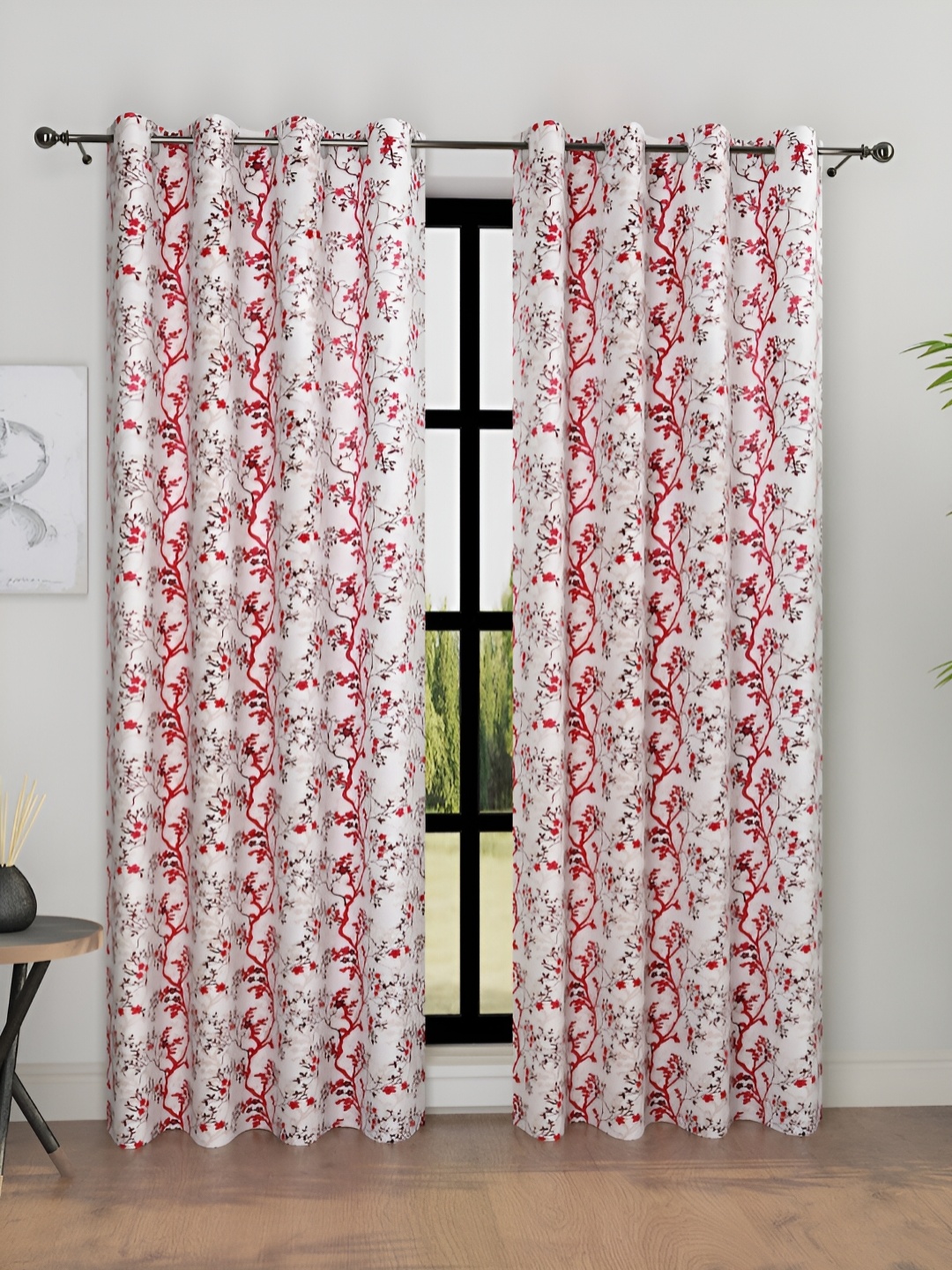 

Aura Maroon & Cream 2 Pieces Floral Room Darkening Long Door Curtain
