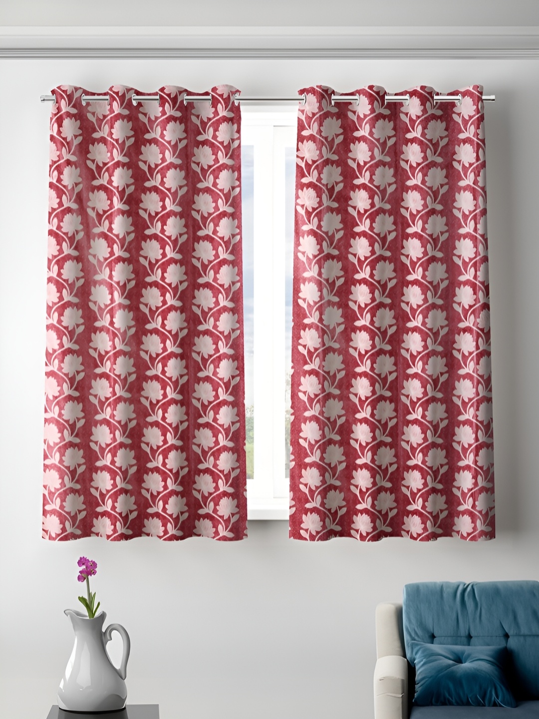 

Aura Pink & White 2 Pieces Floral Room Darkening Window Curtain