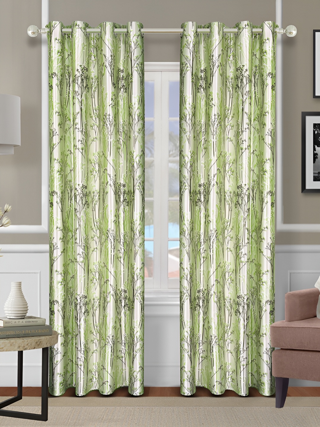 

Aura Green 2 Pcs Floral Room Darkening Long Door Curtain
