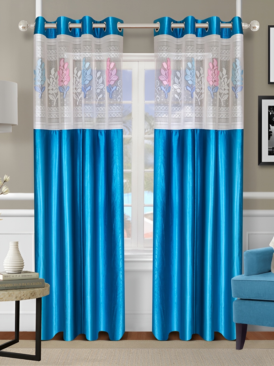 

Aura Turquoise Blue & Pink 2 Pcs Floral Door Curtain