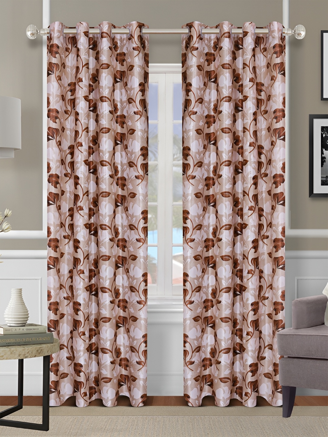 

Aura Beige & White 2 Pieces Floral Room Darkening Long Door Curtain