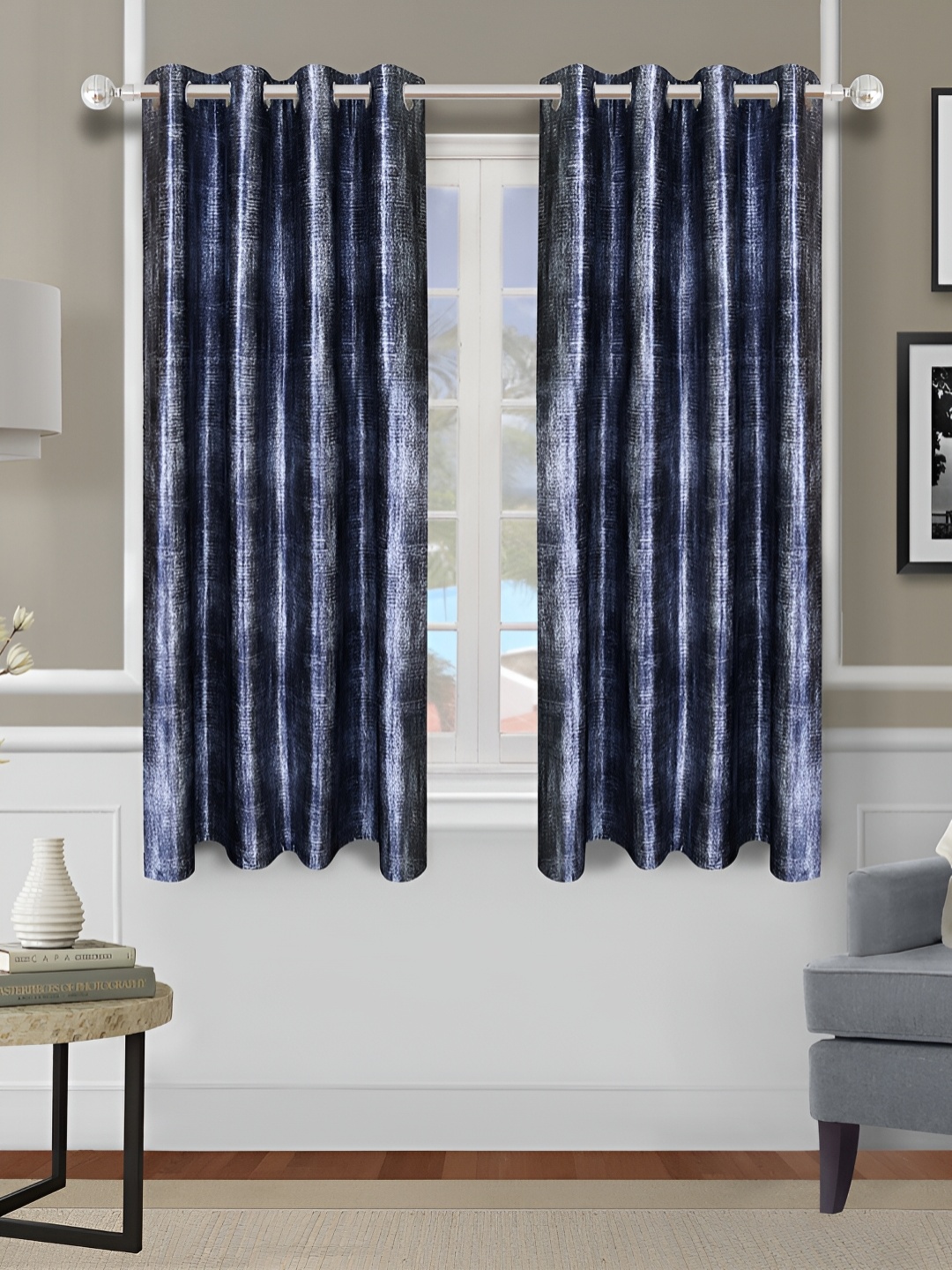 

Aura Blue & Silver-Toned 2 Pieces Abstract Printed Room Darkening Window Curtain
