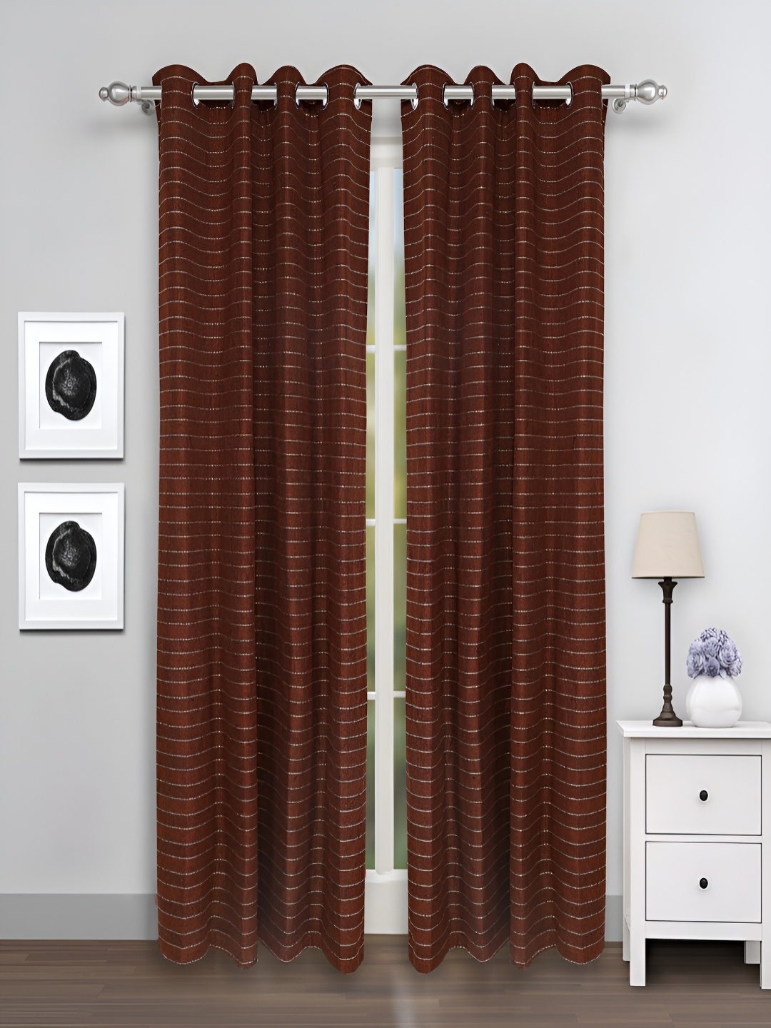 

Aura Brown & Silver-Toned 2 Pieces Striped Room Darkening Door Curtain