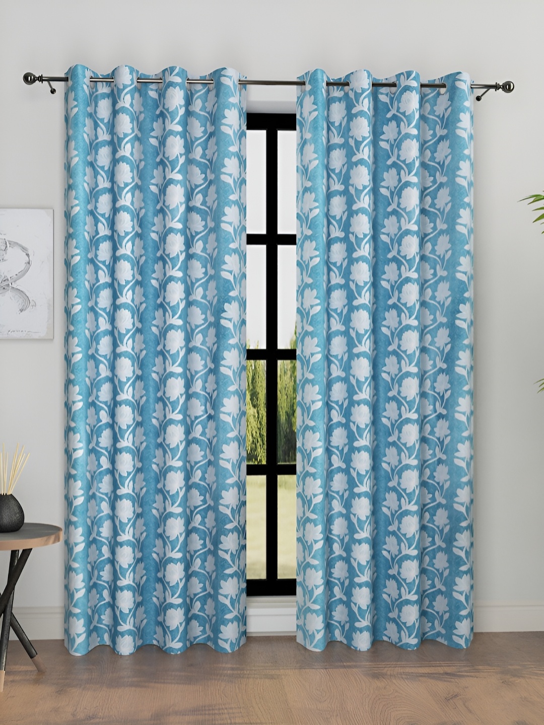 

Aura Turquoise Blue & White 2 Pcs Floral Room Darkening Long Door Curtain
