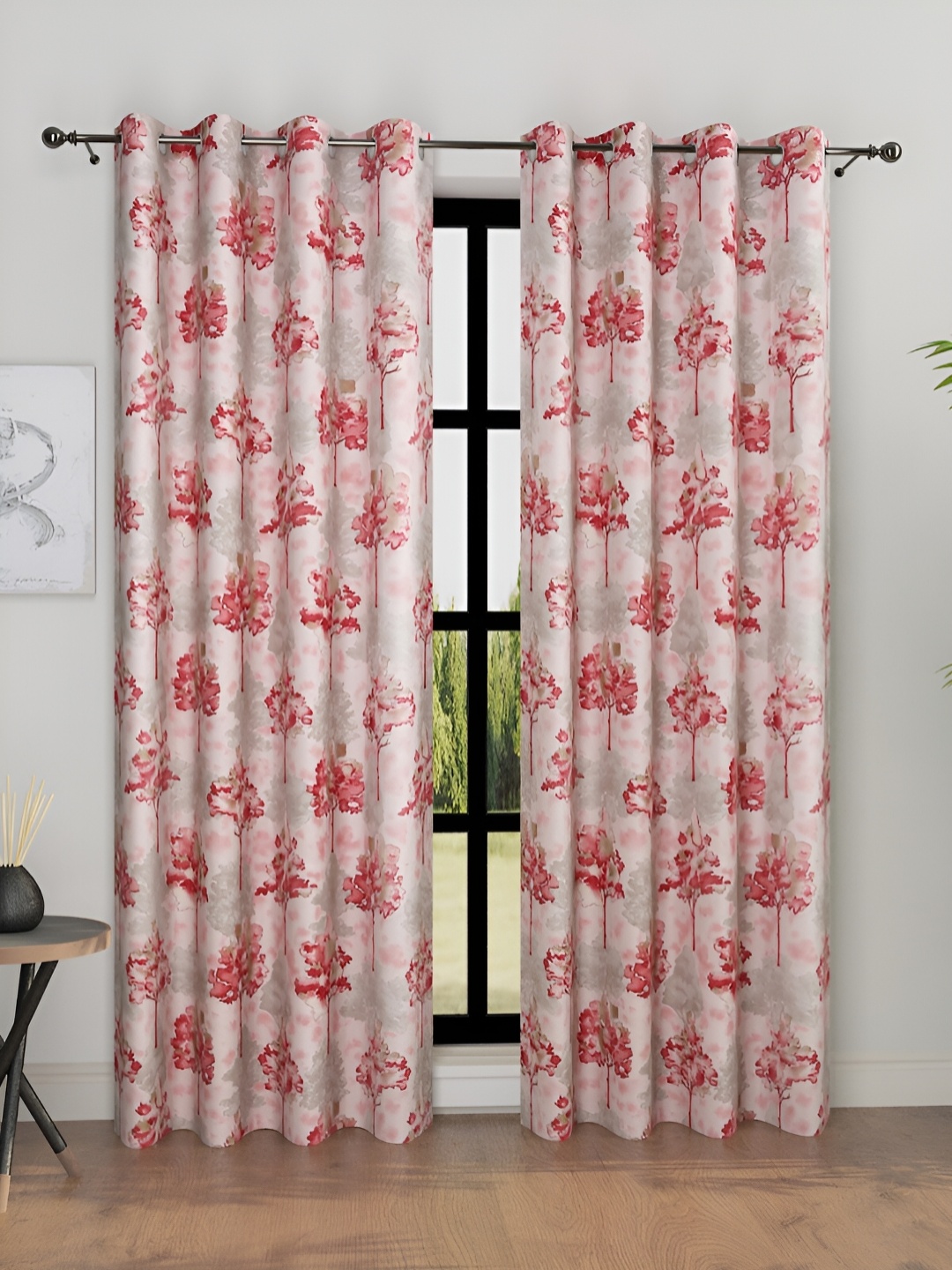 

Aura Pink & Cream-Coloured 2 Pcs Floral Room Darkening Door Curtain