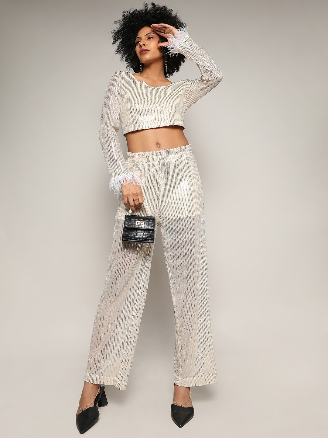 

Campus Sutra Sequins Embellished Crop Top & Trousers Co-Ords, Beige