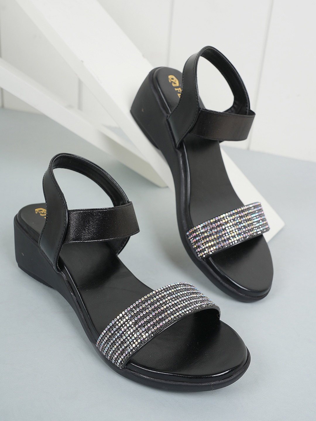 

Style Shoes Embellished Open Toe Backstrap Wedges, Black