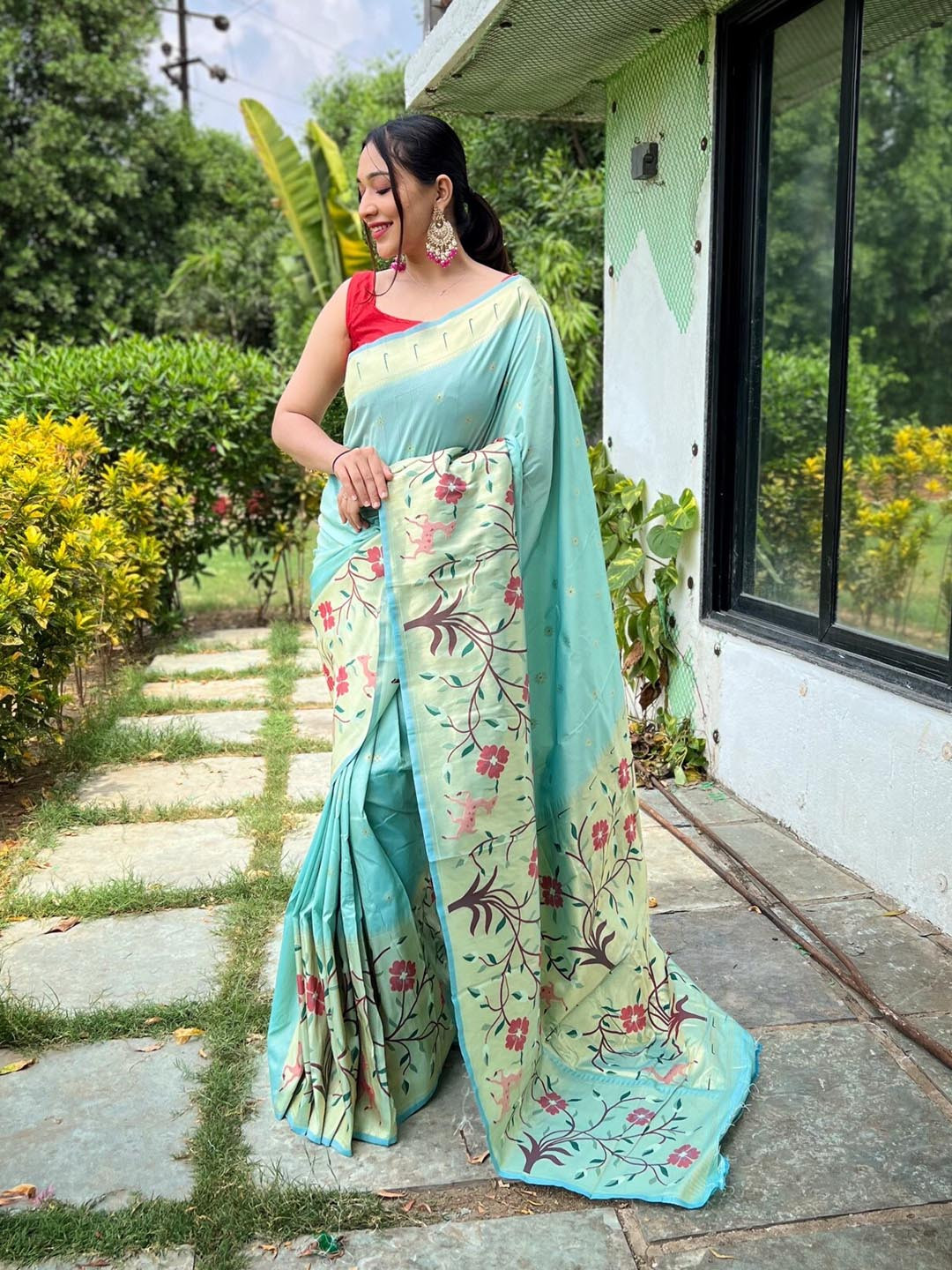 

LeeliPeeri Designer Woven Design Zari Paithani Saree, Turquoise blue
