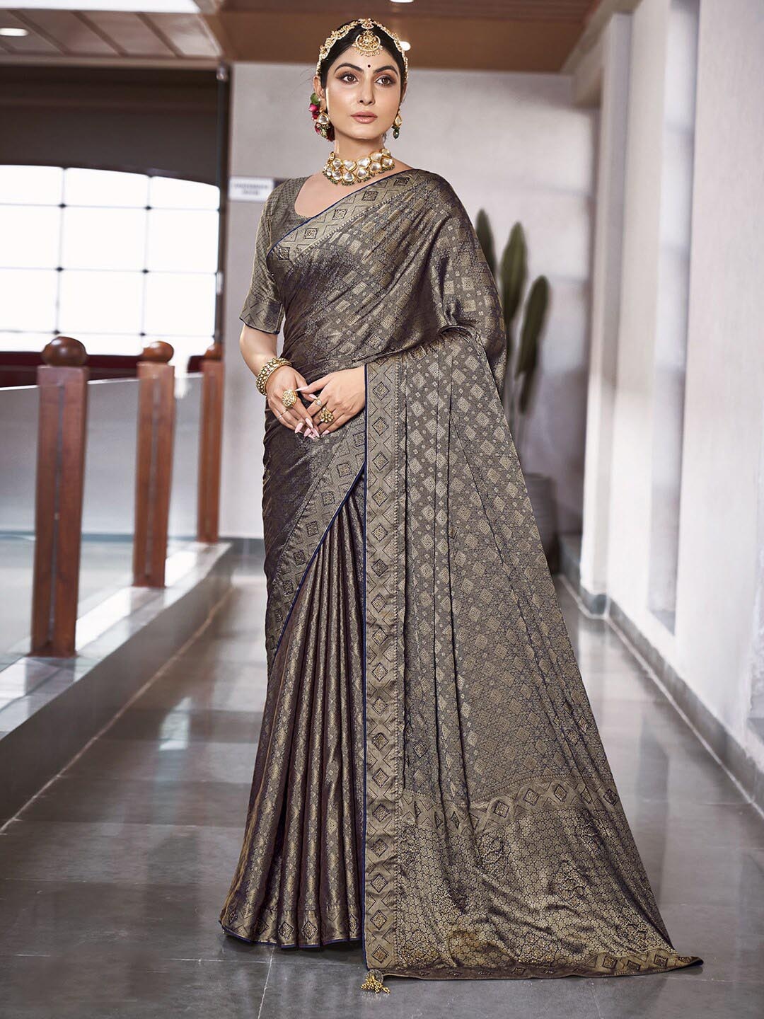 

Satrani Grey Ethnic Motifs Woven Design Zari Saree