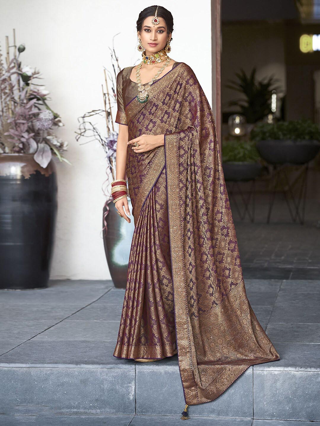 

Satrani Ethnic Motifs Woven Design Zari Saree, Purple