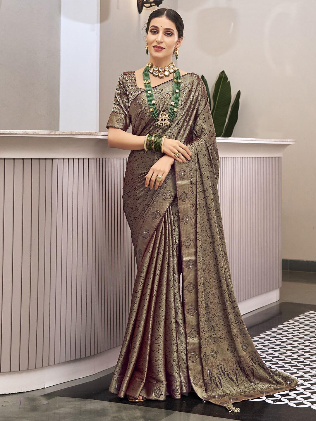 

Satrani Ethnic Motifs Woven Design Beads and Stones Saree, Brown