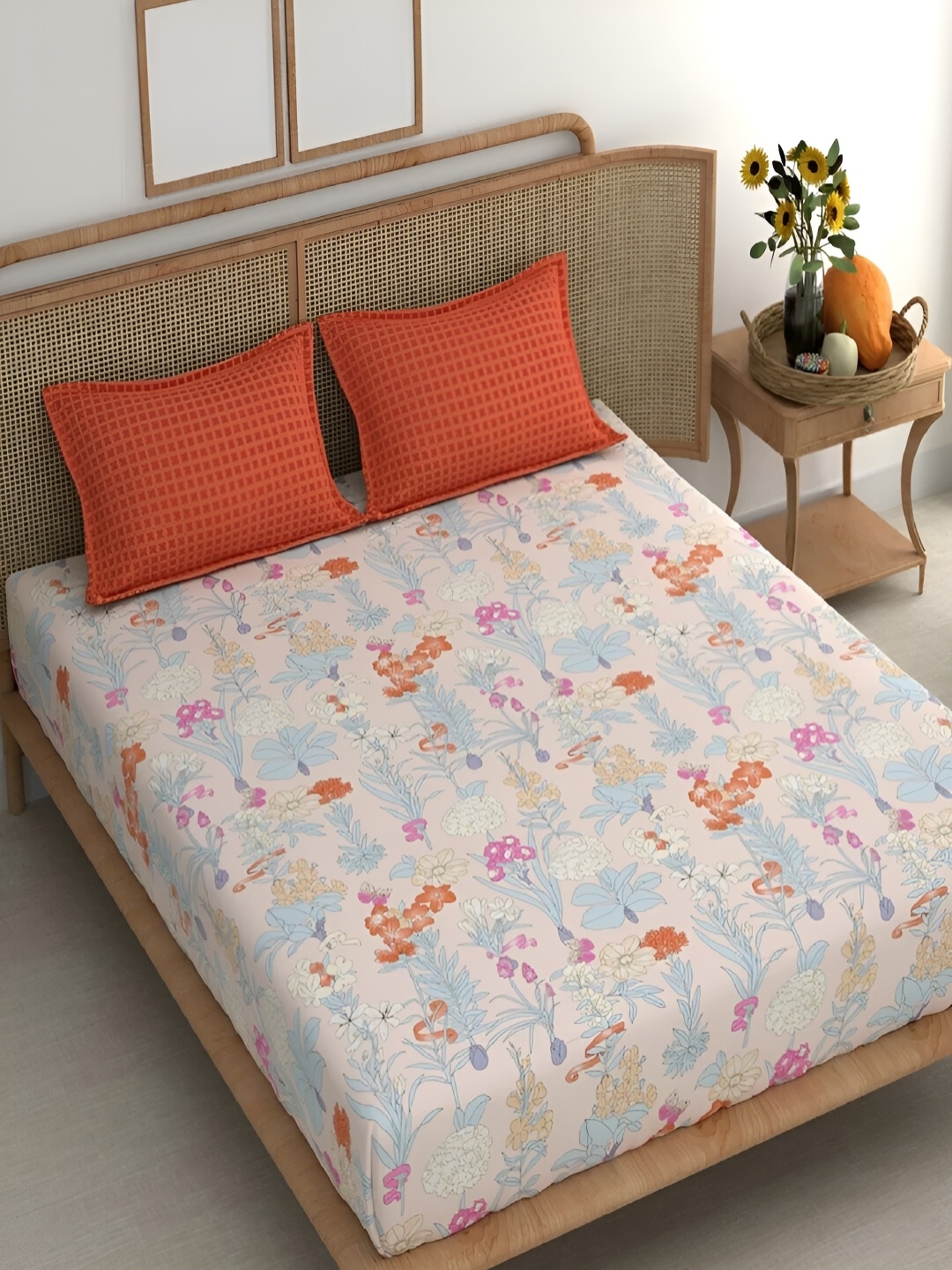 

Srijee Decors Orange & Blue Floral 210 TC Fitted King Bedsheet With 2 Pillow Covers